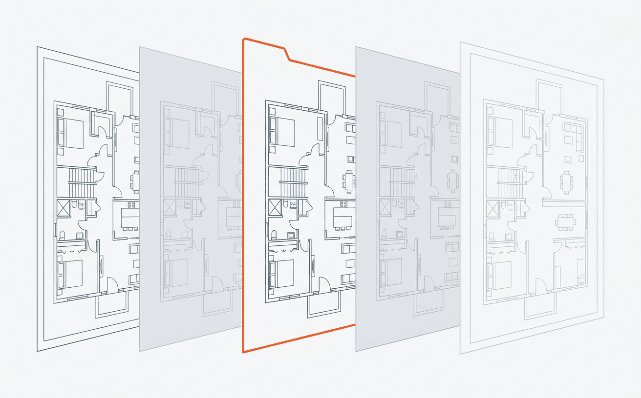 CAD floor plan versions for one site, with the governing as-built set highlighted