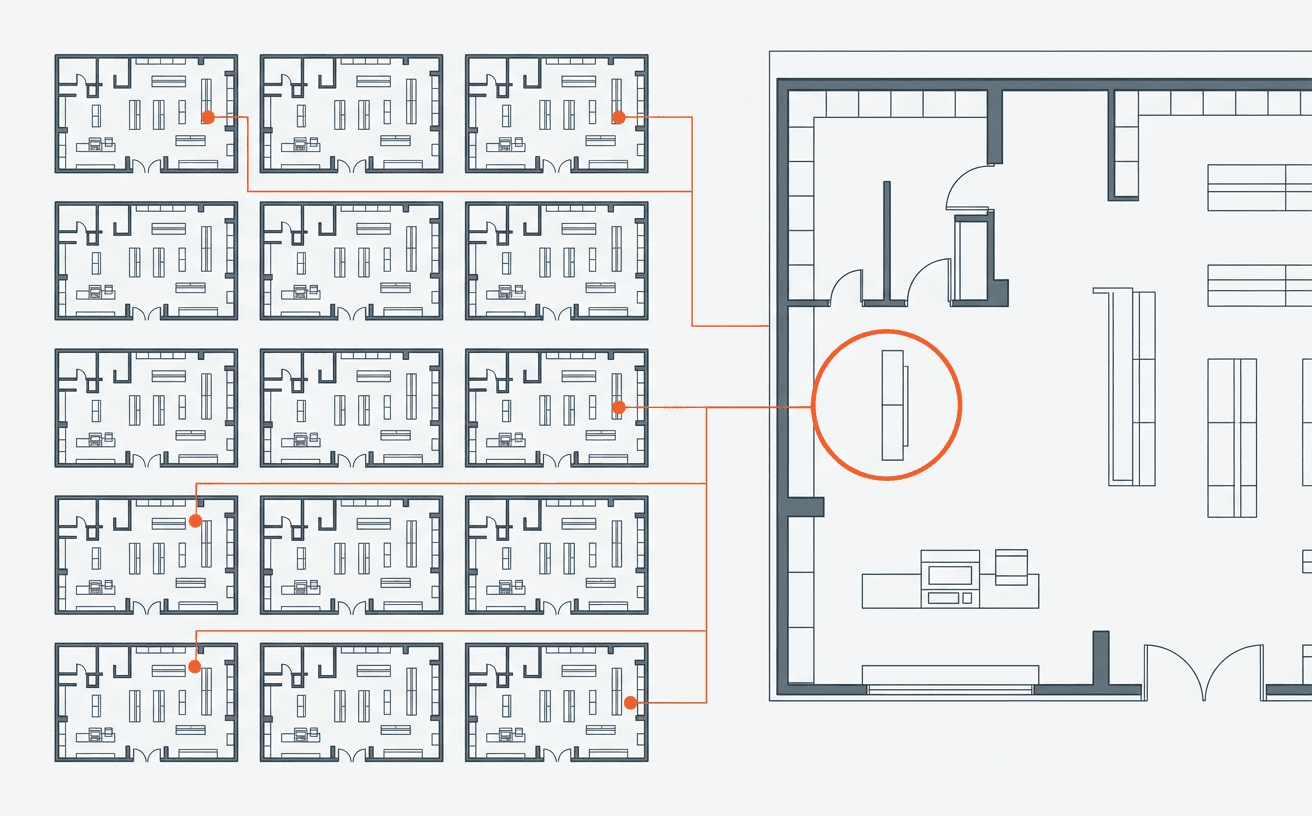 Prototype standards check across a store portfolio, each exception linked to its CAD floor plan sheet