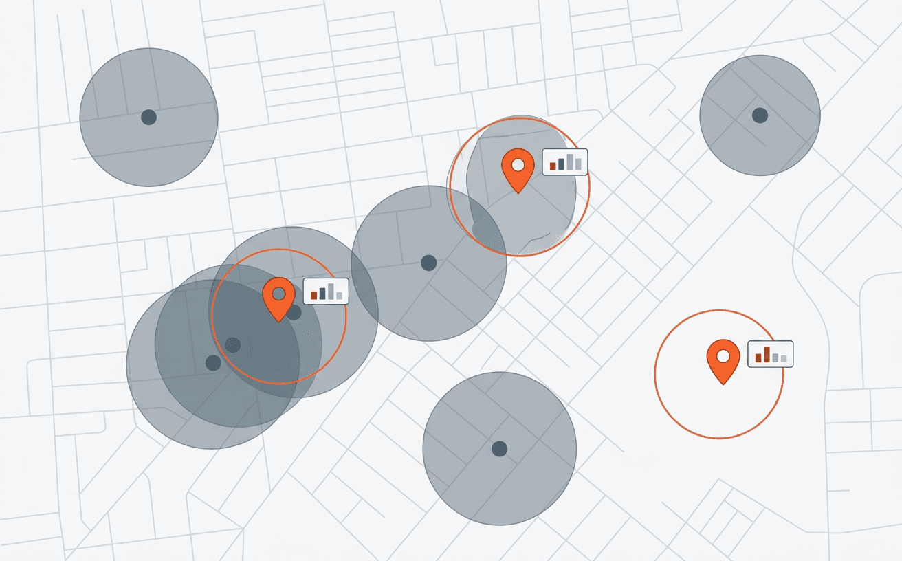 Site selection software scoring candidate locations against existing store trade areas and overlap