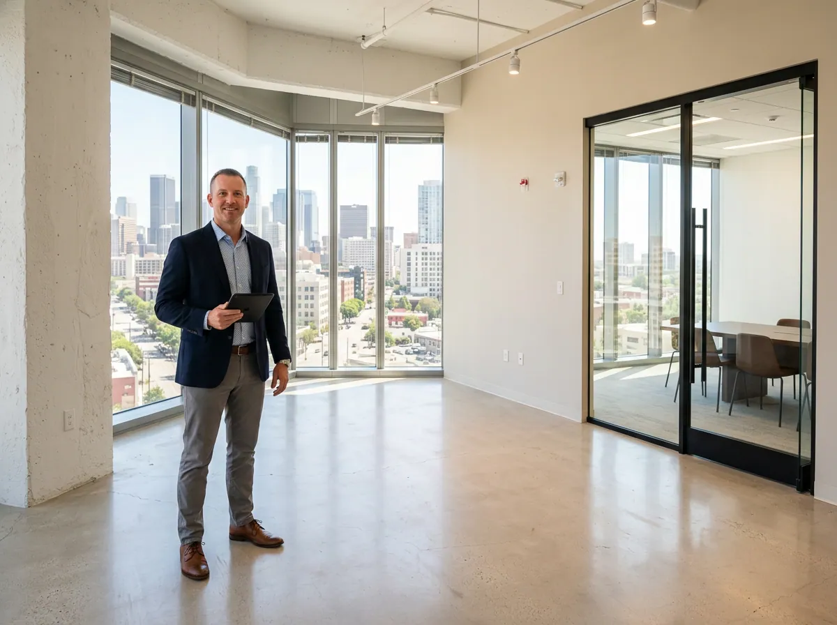 Advisory office available for lease, shown by a real estate professional