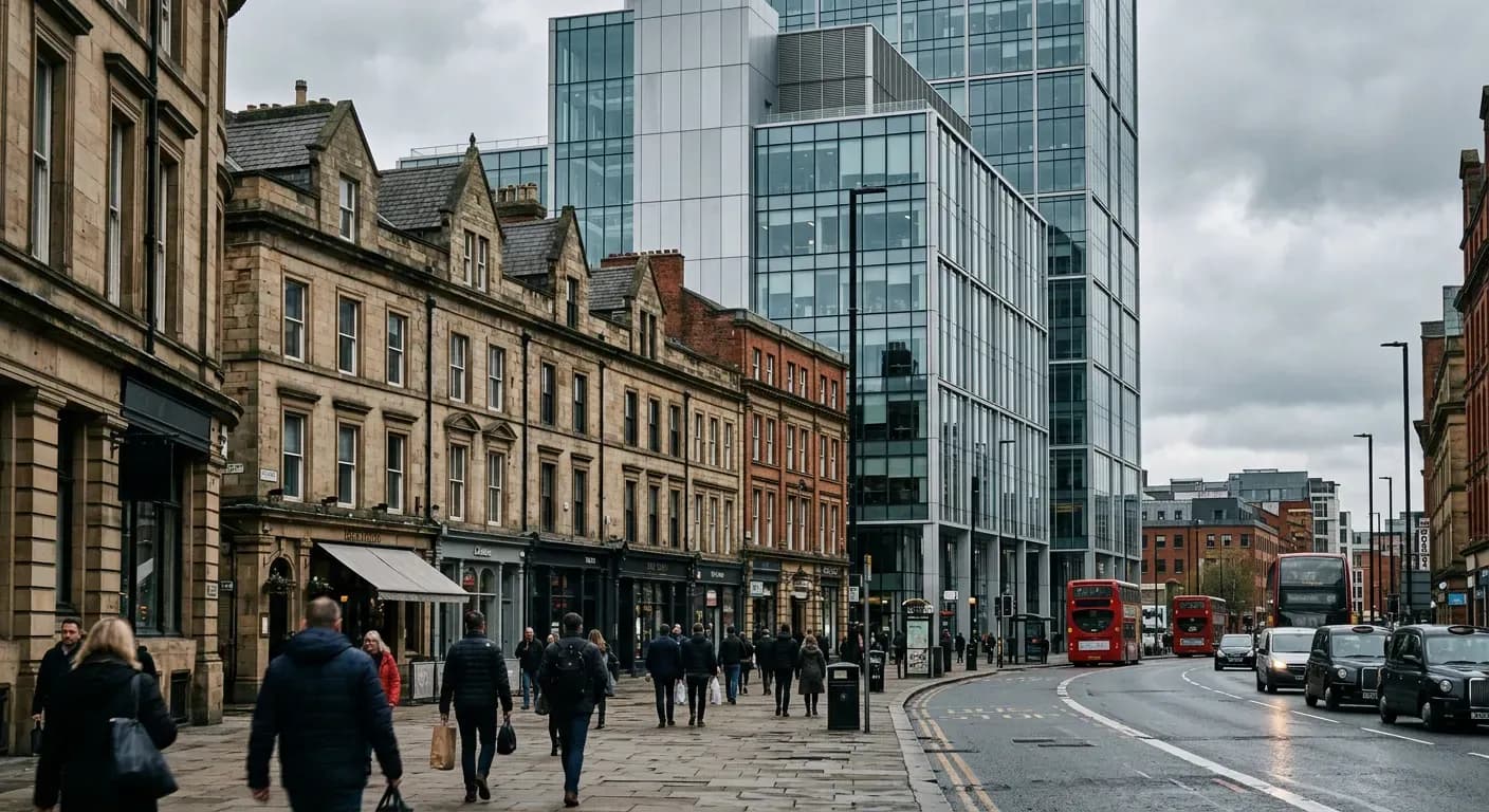 UK city street with Victorian shopfronts, modern office towers and red double-decker buses