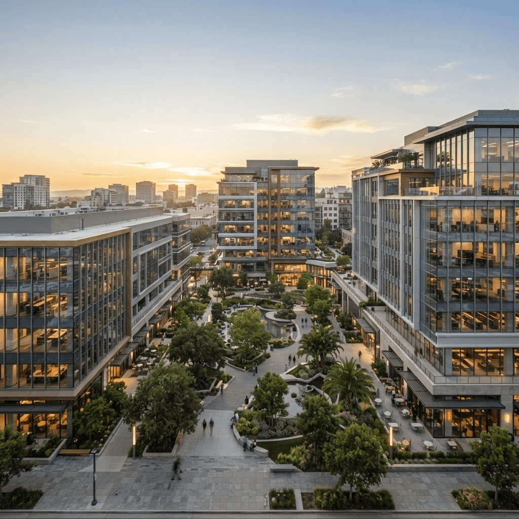 Modern mixed commercial real estate buildings at golden hour
