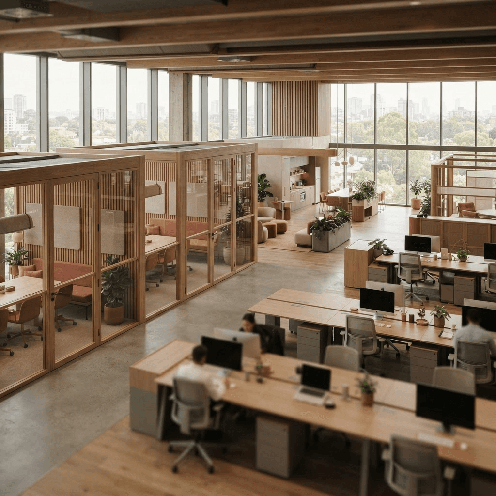 Modern corporate office with open workspace and glass meeting rooms