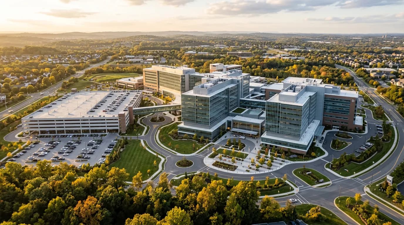 Aerial view of a large hospital campus with connected buildings