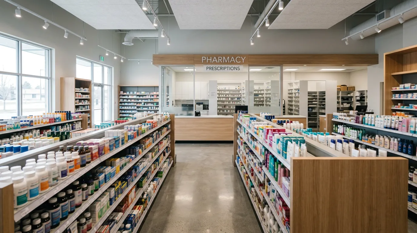 Bright modern pharmacy interior with aisles and a pharmacy counter