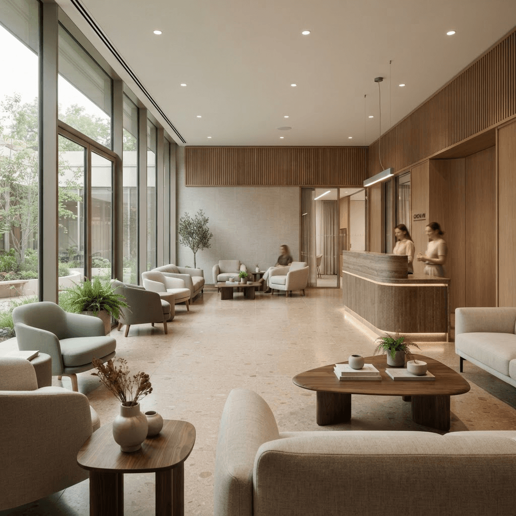 Calm modern healthcare clinic reception and waiting area