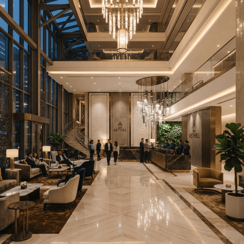 Upscale hotel lobby with modern interior design