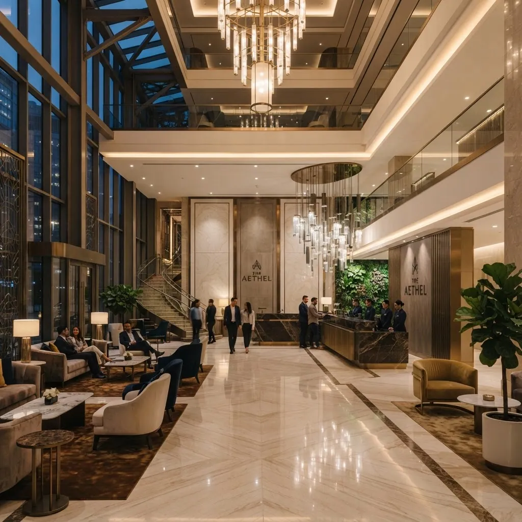 Upscale hotel lobby with modern interior design