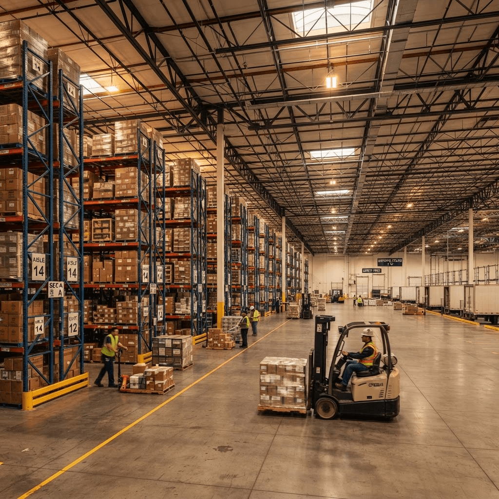 Large modern distribution center warehouse interior