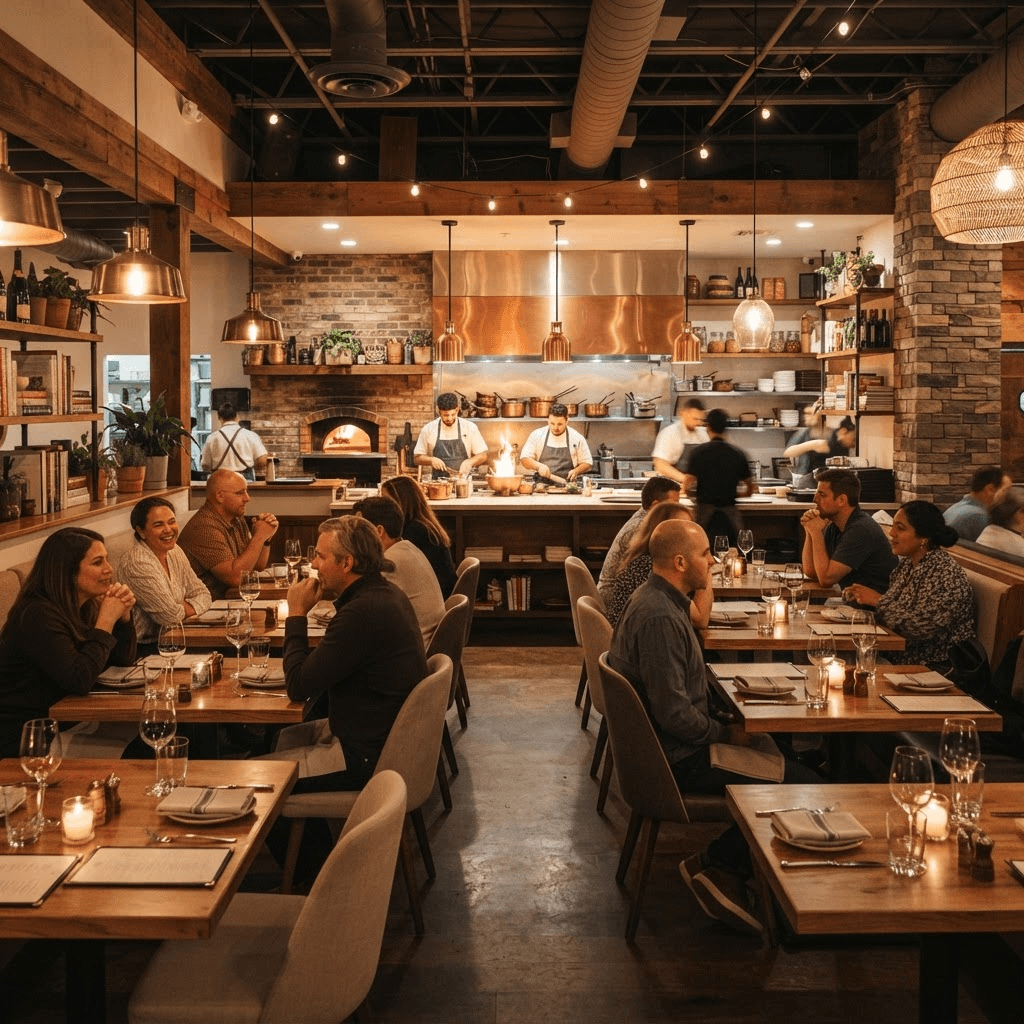 Warm modern casual restaurant interior with an open kitchen