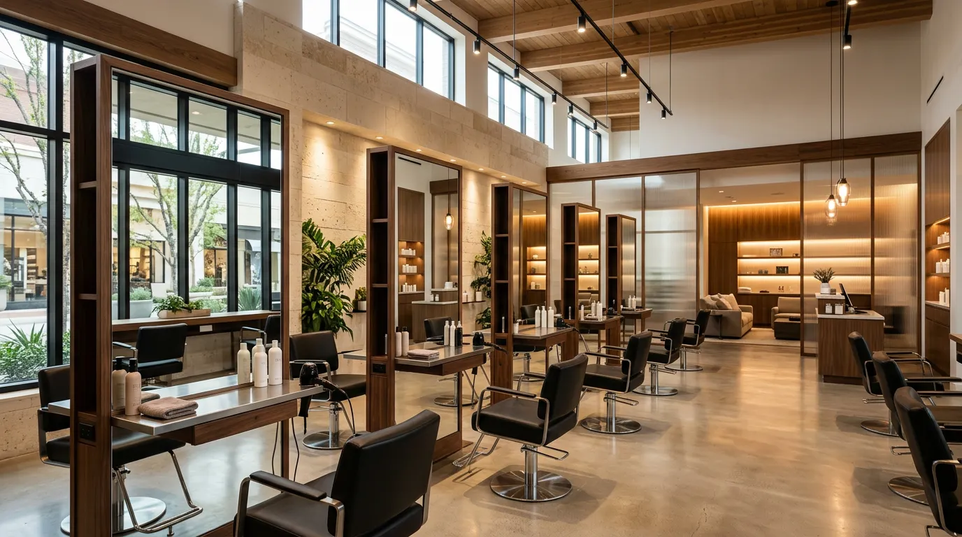 Modern salon and spa interior with styling chairs and mirrors