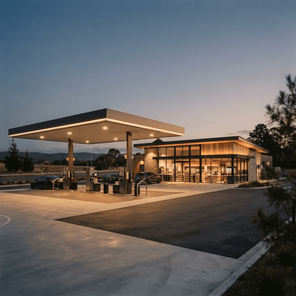 Clean convenience store and fuel station forecourt at dusk