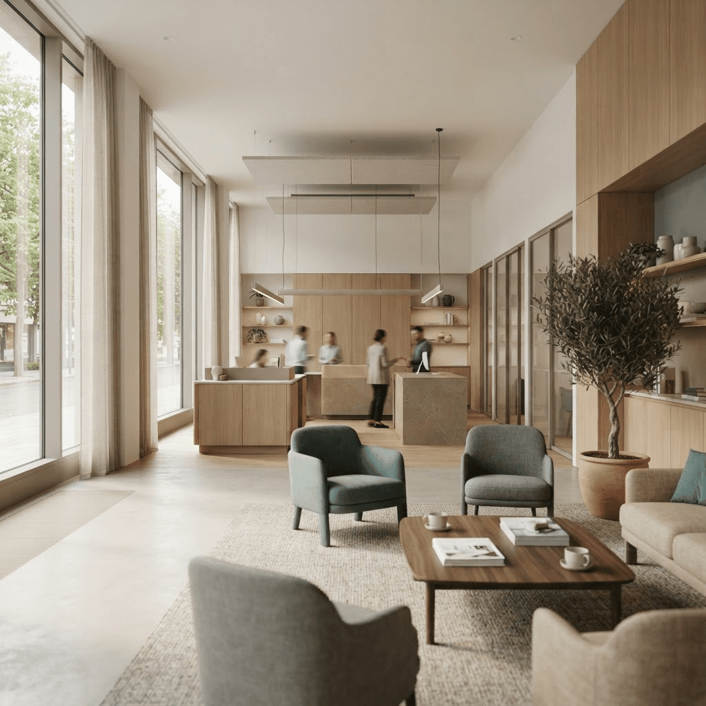 Modern retail bank branch interior with service counters