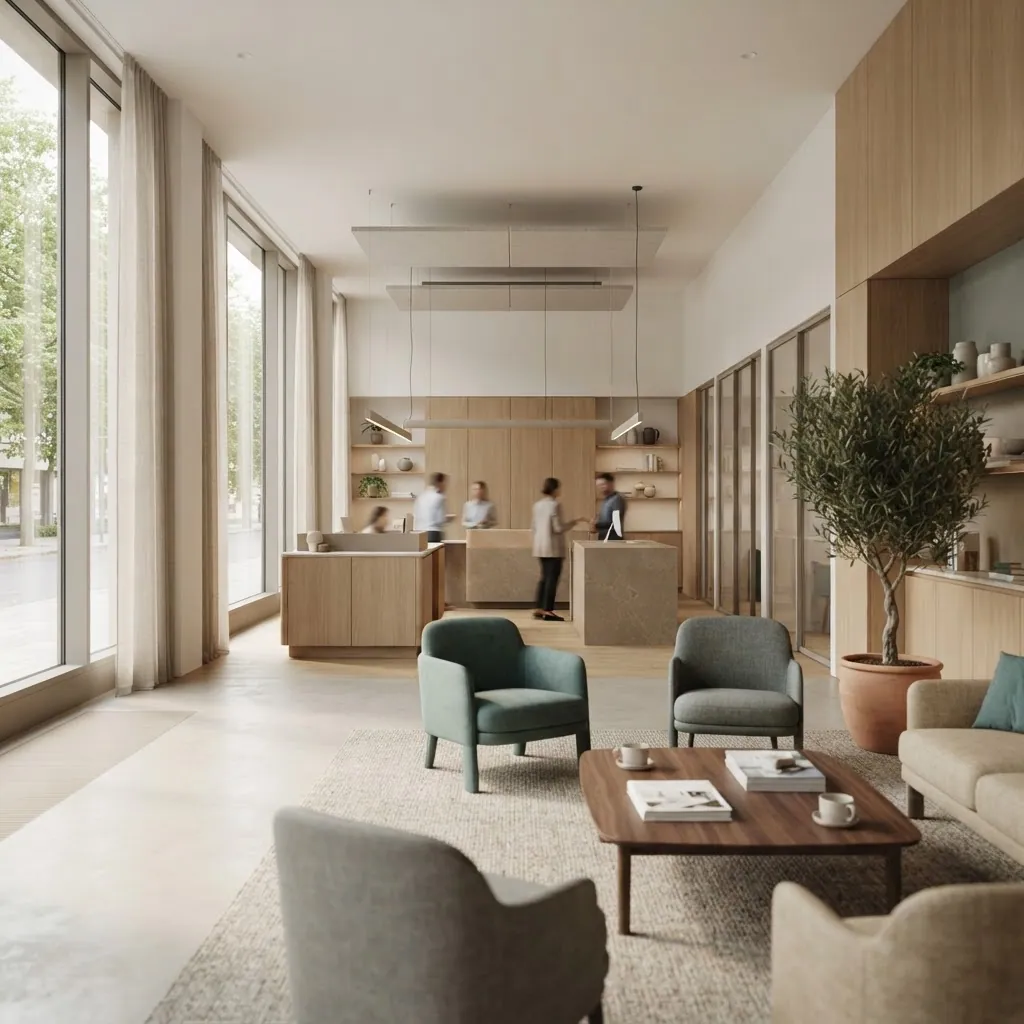Modern retail bank branch interior with service counters