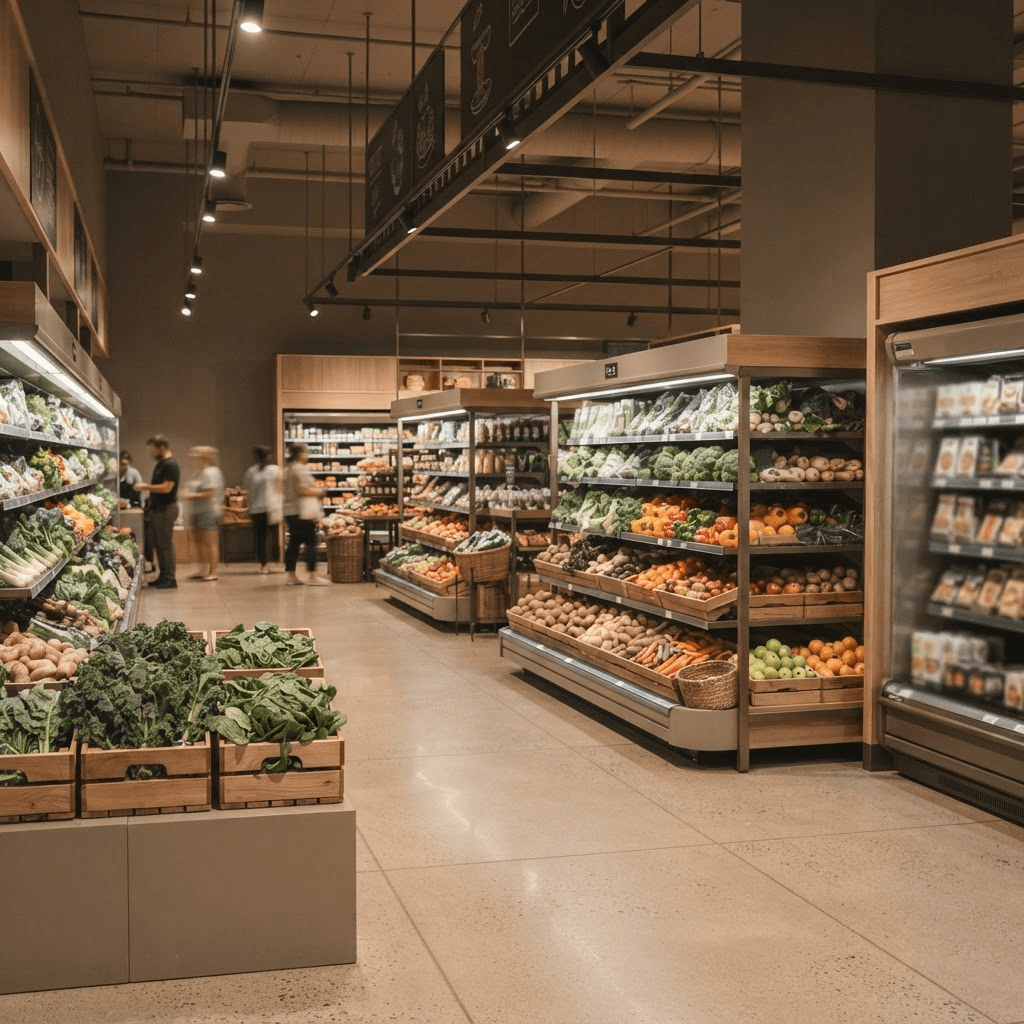 Bright modern grocery supermarket produce aisles