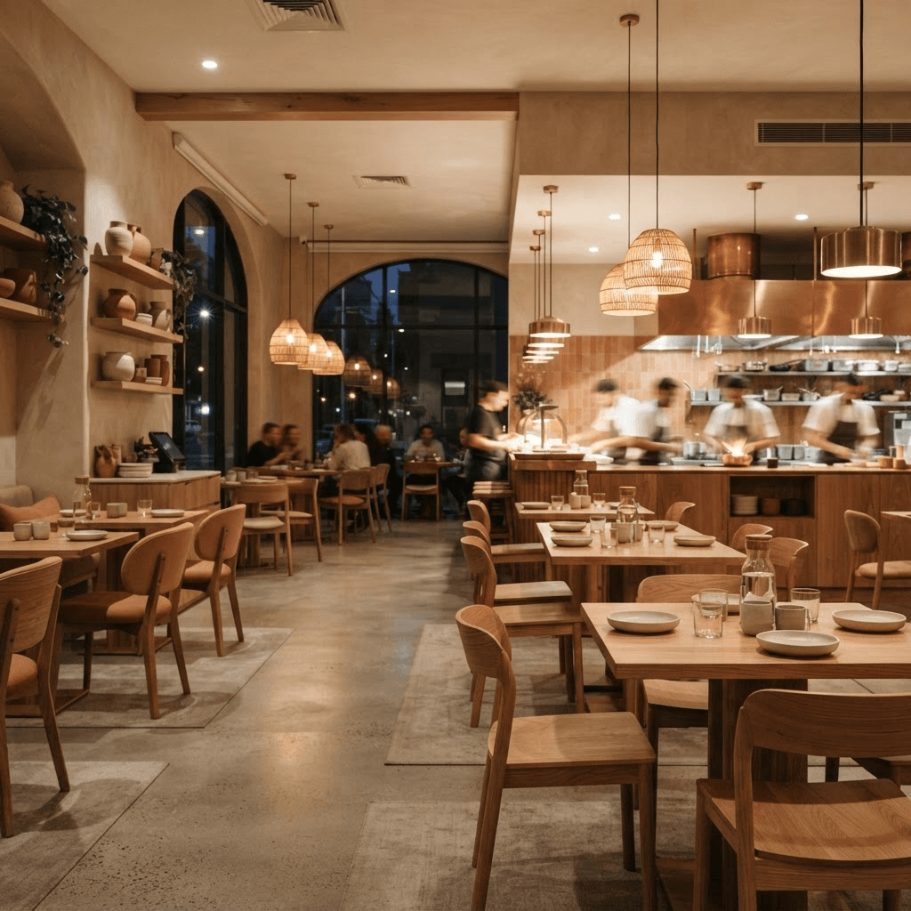 Warm modern casual restaurant interior with an open kitchen