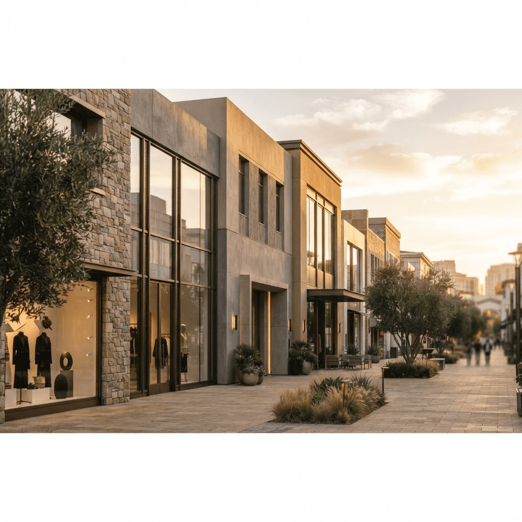 Modern enterprise retail storefronts at golden hour