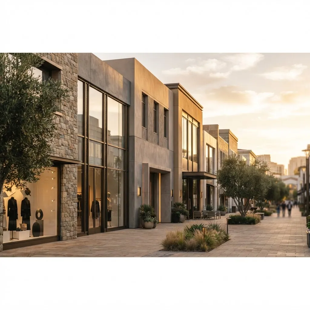 Modern enterprise retail storefronts at golden hour