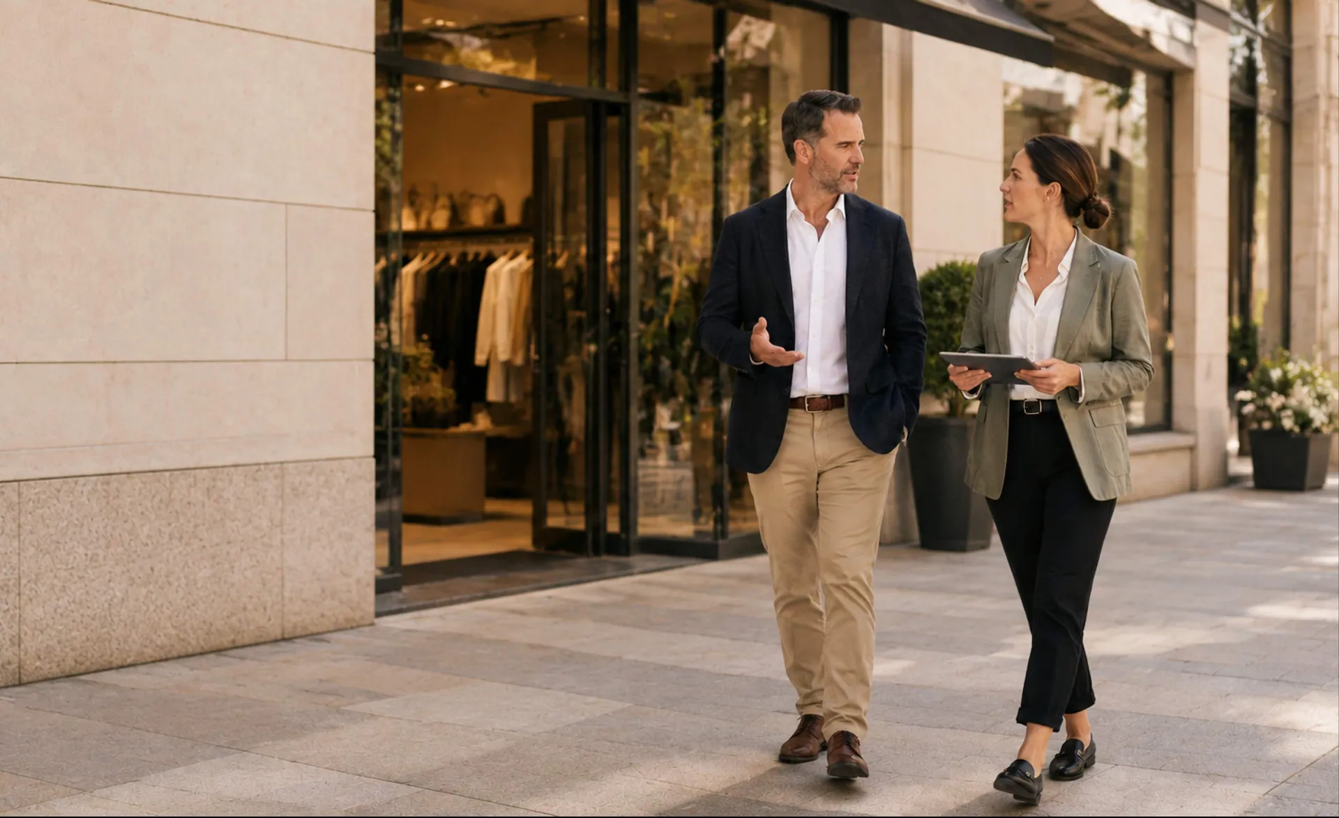 Two real estate leaders walking past a retail storefront while reviewing a tablet