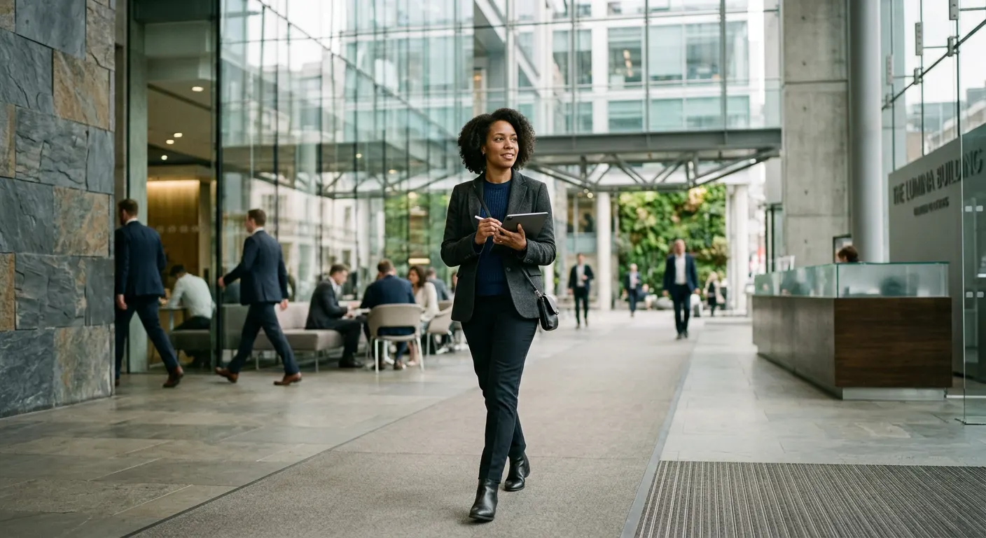 Property manager walking through the lobby of a managed commercial office building