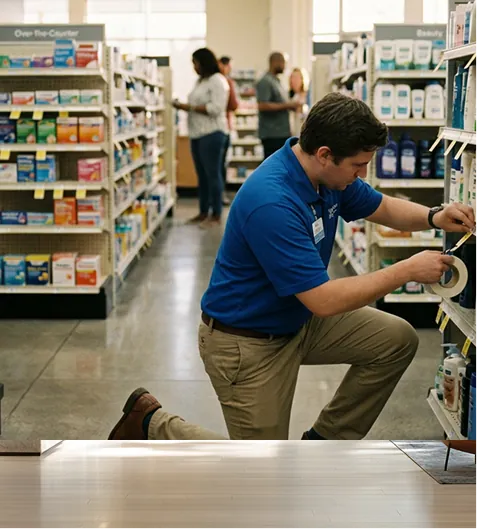 Store associate stocking shelves in a pharmacy aisle