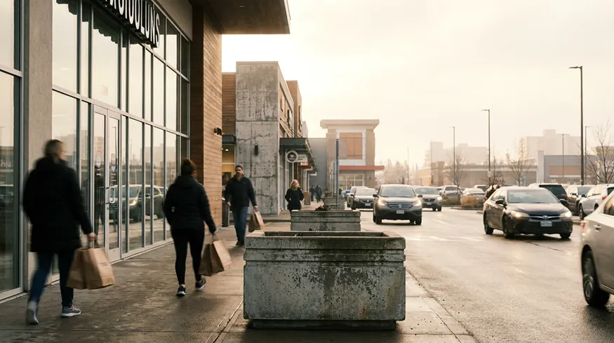 Shoppers along a contemporary commercial retail street