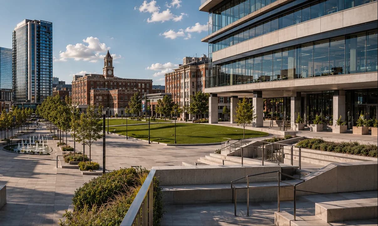 Modern mixed-use urban plaza beside a glass office tower