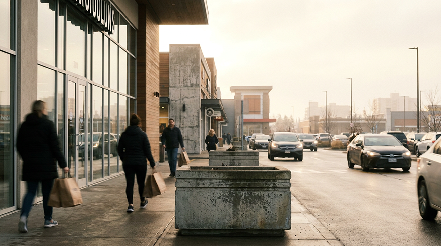 Shoppers along a contemporary commercial retail street
