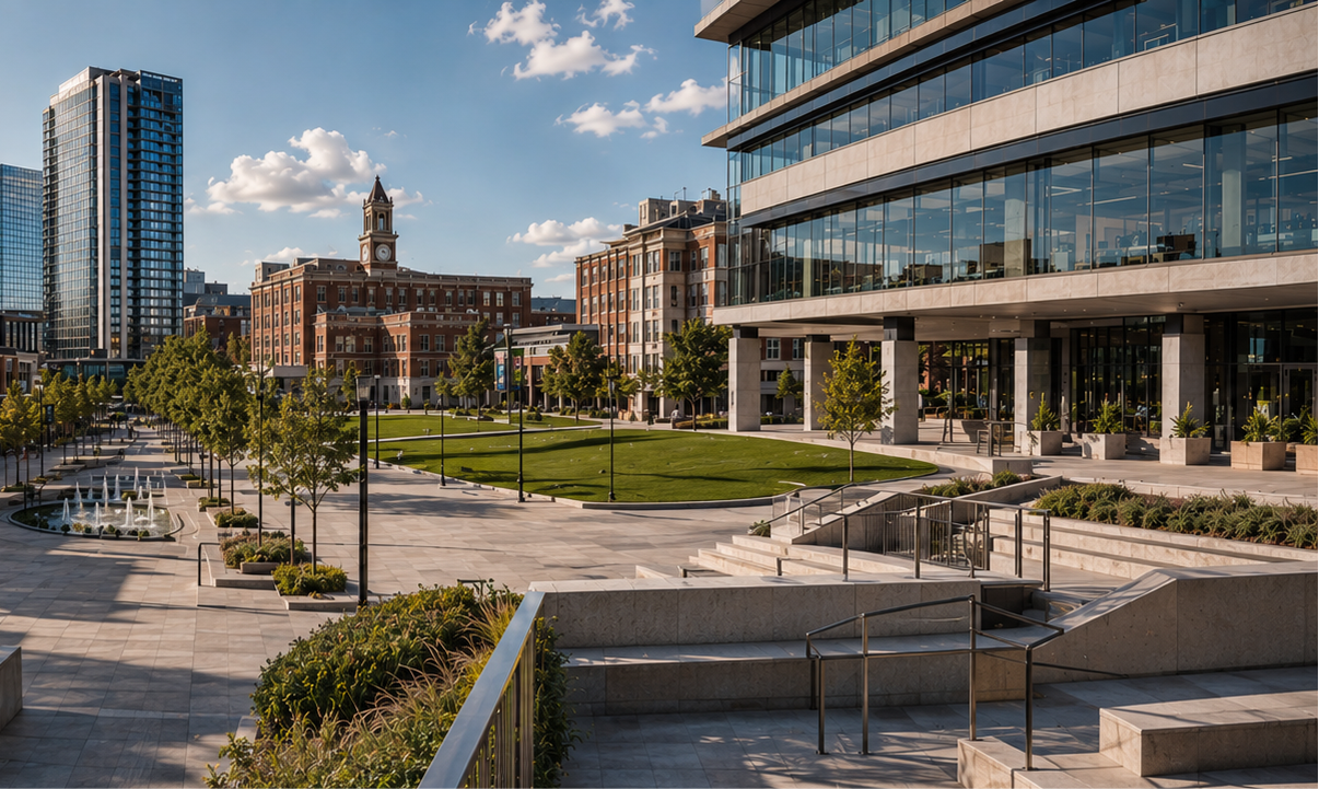 Modern mixed-use urban plaza beside a glass office tower